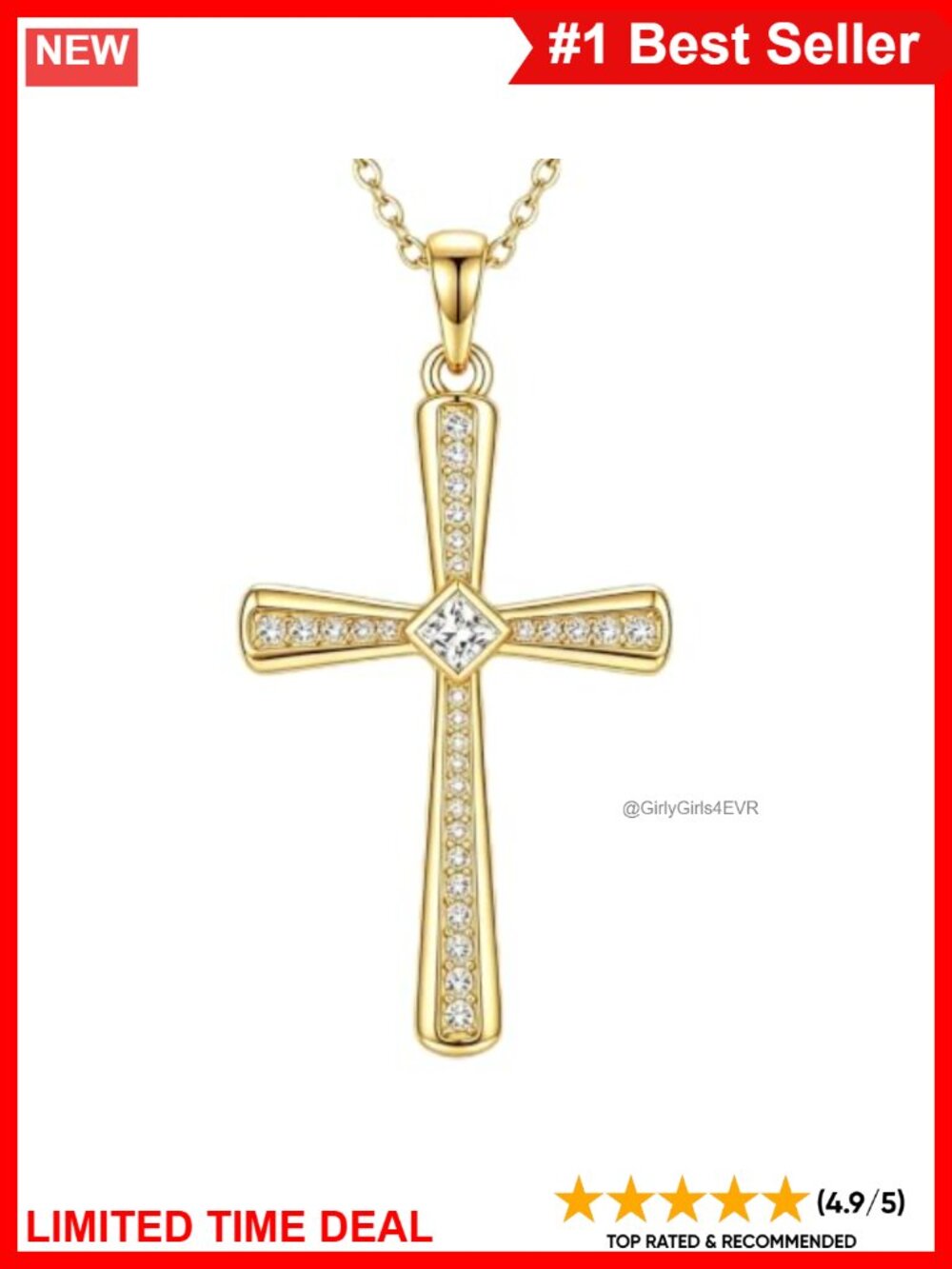 14K Gold Plated Cross Necklace with Cubic Zirconia Pendant